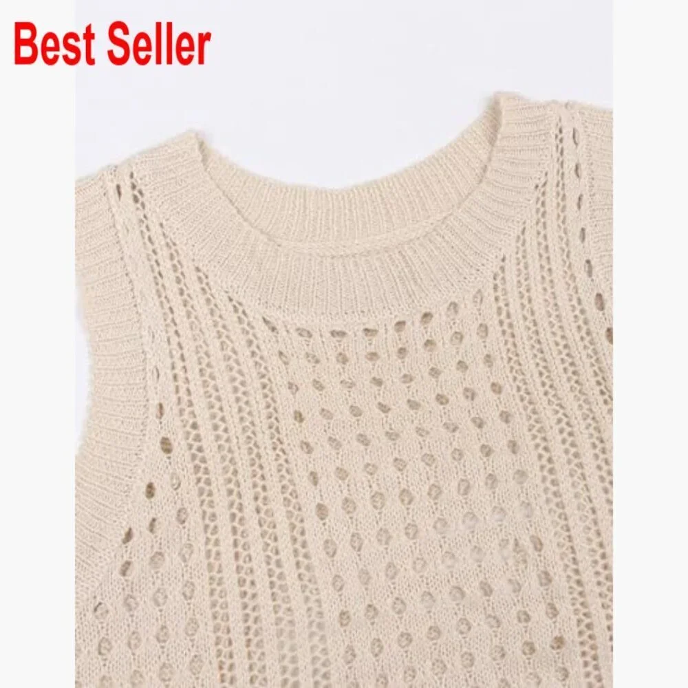 Crochet Cover Up Dress Hollow Out Side Split Sleeveless Beach